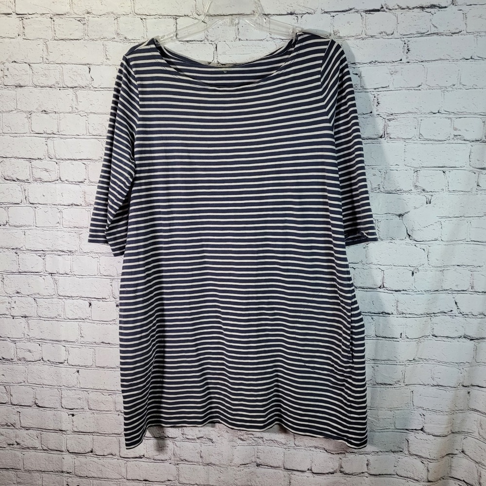 Garnet Hill Striped Casual Dress Size 18 Blue White 3/4 Sleeve Nautical Preppy